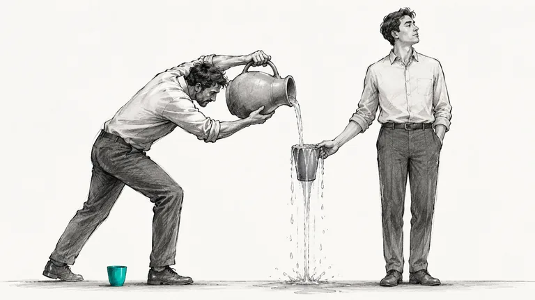 Editorial illustration: on the left, a bent, straining man tips a large clay pitcher and pours water into a cup held out by a second man on the right. The cup is already overflowing; water spills over the rim and splashes to the ground, yet he keeps pouring. The second man stands upright and relaxed, one hand in his pocket, looking away, unbothered by the overflow. On the ground near the pouring man’s feet sits his own small cup, empty and dry. That cup is the only element rendered in teal. Charcoal and graphite linework on warm off-white paper.