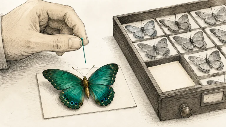 Editorial illustration on warm off-white paper. A hand lowers a single teal pin toward a large, living butterfly whose wings are richly colored in greens, warm gold, and small flecks of blue-violet, resting on a mounting card. Beside it, an open drawer holds already-pinned, identical specimens drained to gray, and one empty card still waits. Charcoal and graphite linework with hand-colored washes.