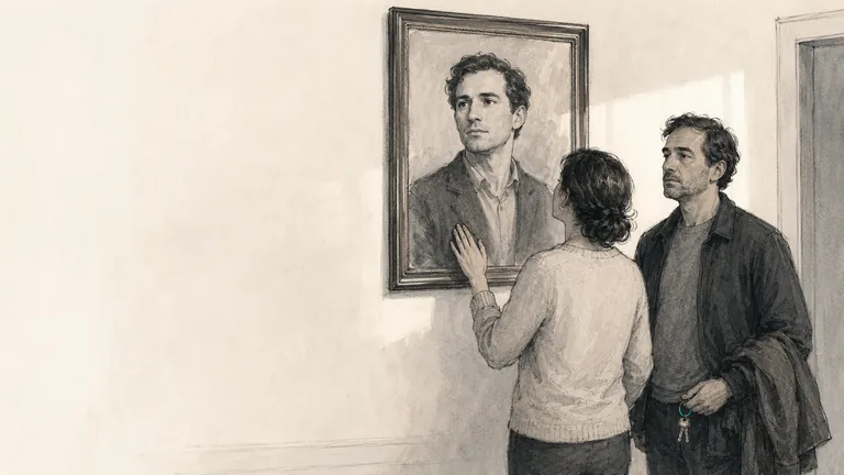 Editorial illustration of an adult standing in a quiet home interior beside a framed portrait of a younger, idealized version of himself, while another person looks at the portrait with one hand resting on the frame.